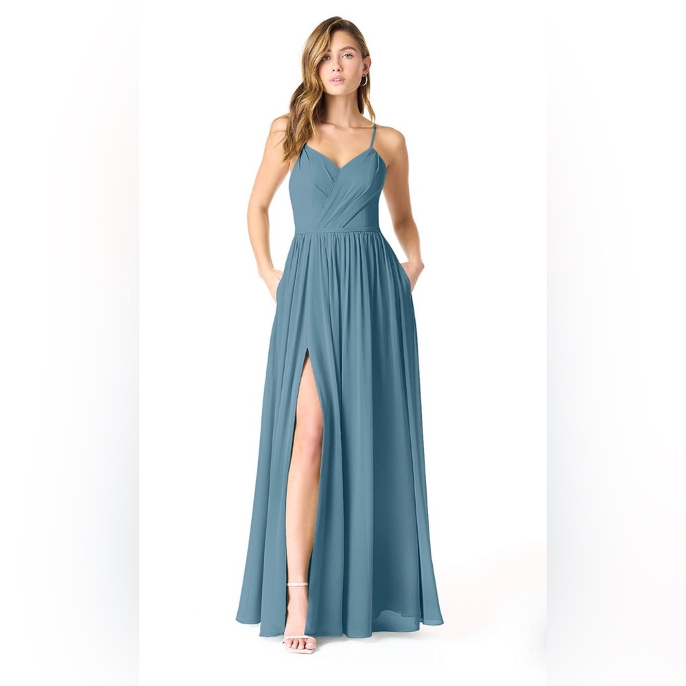 Azazie Cora bridesmaid dress in chiffon. Color Bermuda. Size A4.
